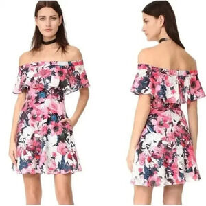 Black Halo Penelope Mini Dress Size 2 Floral Off Shoulder Pockets Wedding Guest